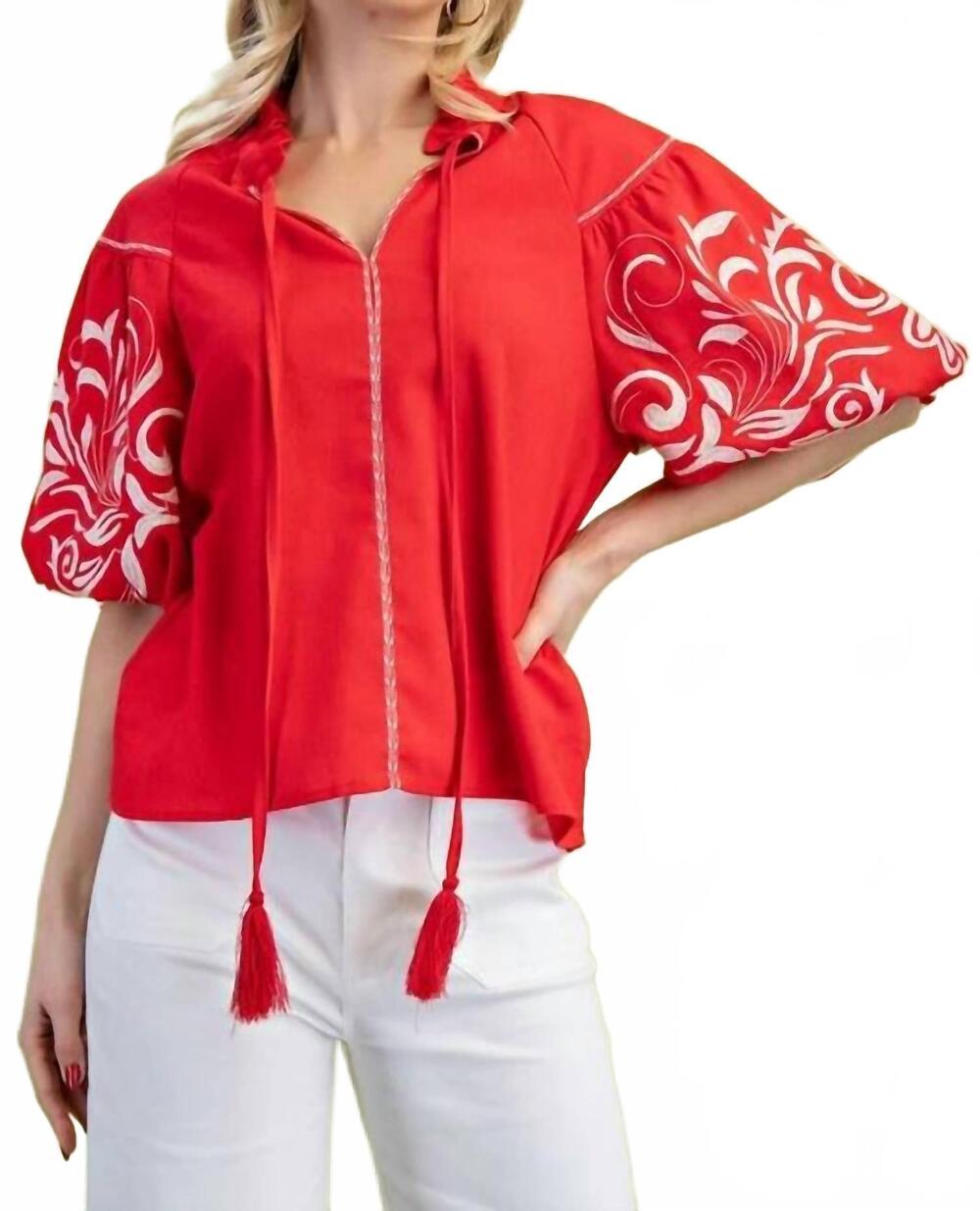 NEW GIGIO embroidered puff sleeve blouse in red